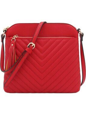 Women's Red Chevron Quilted Medium Tassel Accent Shoulder Crossbody Bag